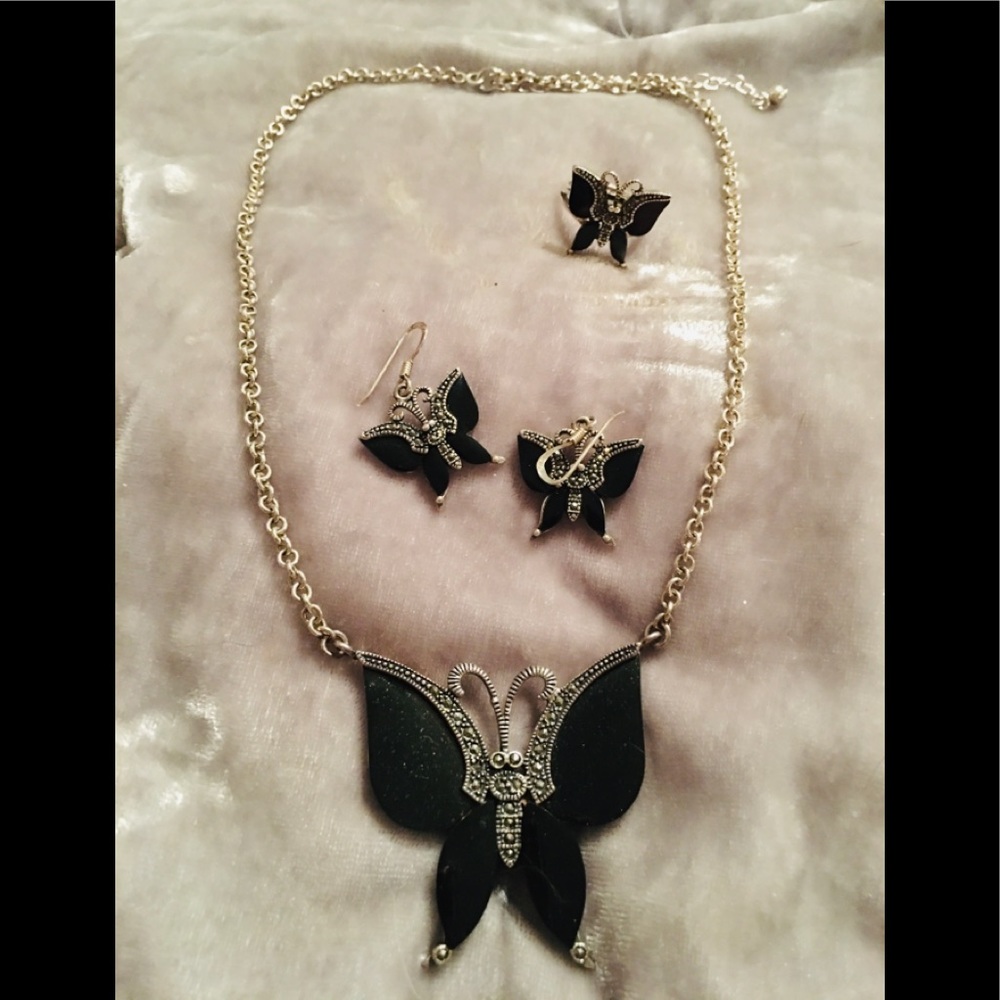 Vintage SS Marcasite/AD Black Onyx Butterfly Set